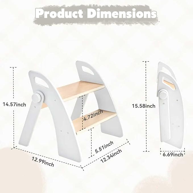Wooden 2 Step Stool for Kids Bathroom Sink Foldable Anti-Slip 2-Step for Toilet Potty Training, Child Stepping Stool for Kitchen Nursery Bedroom, Sturdy Non Slip Adult Stool for Closet