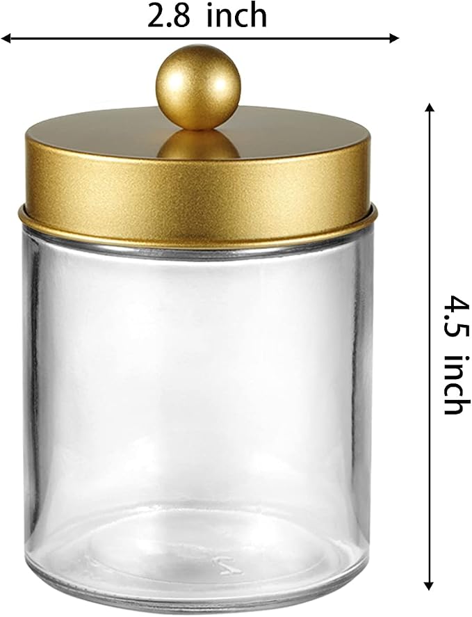 Amolliar 4 Pc Glass Apothecary Jars - Countertop Qtip Dispenser Holder with Stainless Steel Lids &Cute Stickers -Bathroom Vanity Storage Organizer Set for Qtips,Cotton Swabs,Makeup Sponges(Gold)