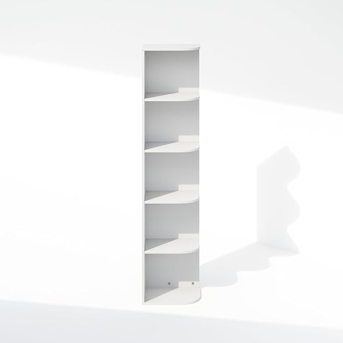 Furinno Reed Corner Shelf, 5-Tier Corner Bookshelf, Book Shelf, Corner Shelves, Storage Rack, for Organization and Storage, Home Office, Living Room, White