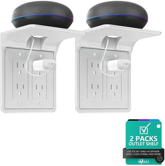 WALI Double Outlet Shelf Wall Holder – Bathroom Shelf Duplex for Electric Toothbrush, HomePod Mini, Echo Dot & Phone Charging – White-2 Packs (DLS002)