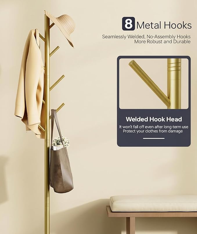Coat Rack with 8 Hooks, 3 Adjustable Heights, Modern Hall Tree, Sturdy Metal Clothes Stand with Sintered Stone Base for Entryway, Office, Bedroom, for Coats, Hats, Handbags and Scarves, Gold