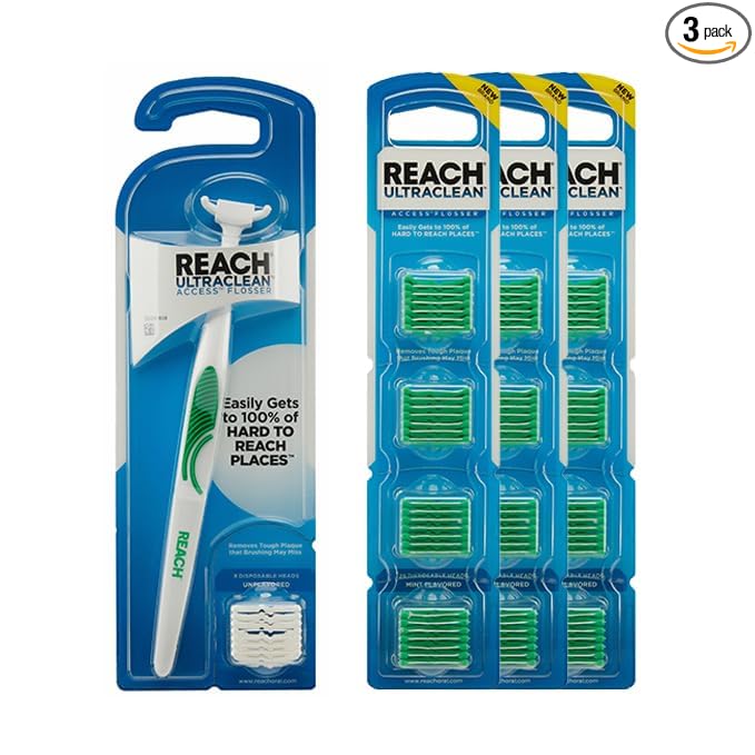 Reach Ultraclean Access Flosser Bundle, Mint, Plaque Remover for Teeth, for Hard to Reach Areas, Oral Care, PFAS-Free, 1 Flosser Starter Kit + 3 Packs Refill Heads