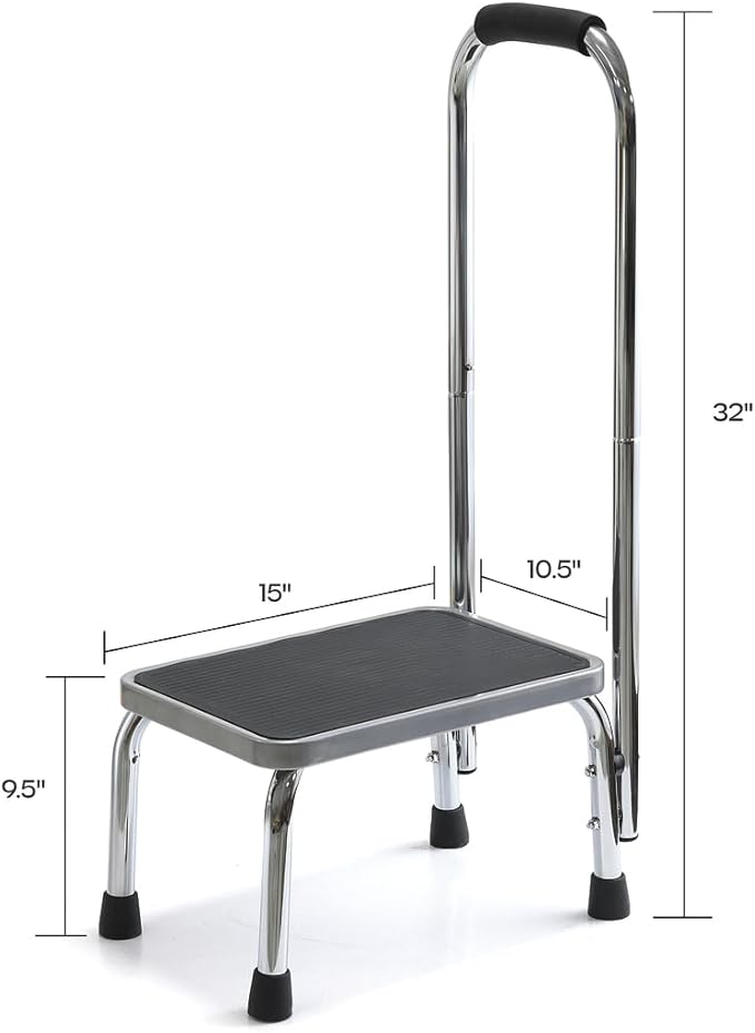 Step Stool with Handle for Adults Step stools with Handle for Elderly for Bed Chrome-Plated Steel Frame 330Lbs Capacity Use At Home Bathroom Kitchen