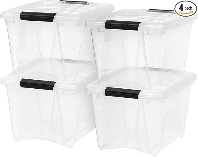 IRIS USA 19 QT Plastic Storage Box with Lid and Latches - 4 Pack - BPA-Free, See-Through Organizing Solution, Durable Nestable Stackable Containers, Secure Pull Handle - Clear