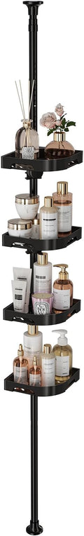 akinbas Tension Pole Shower Caddy Organizer with 4 Tier L-Shaped Rust Resistant Bathroom Corner Shelves with 34-124 Inch Adjustable No Drilling Quick Install Shower Rack for Bath Essentials (Black)