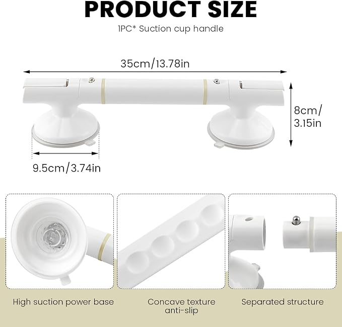 Suction Cup Grab Bar for Shower, 240 LB Capacity, No Drill Safety Handle for Bathroom, 13.78 Inch, White