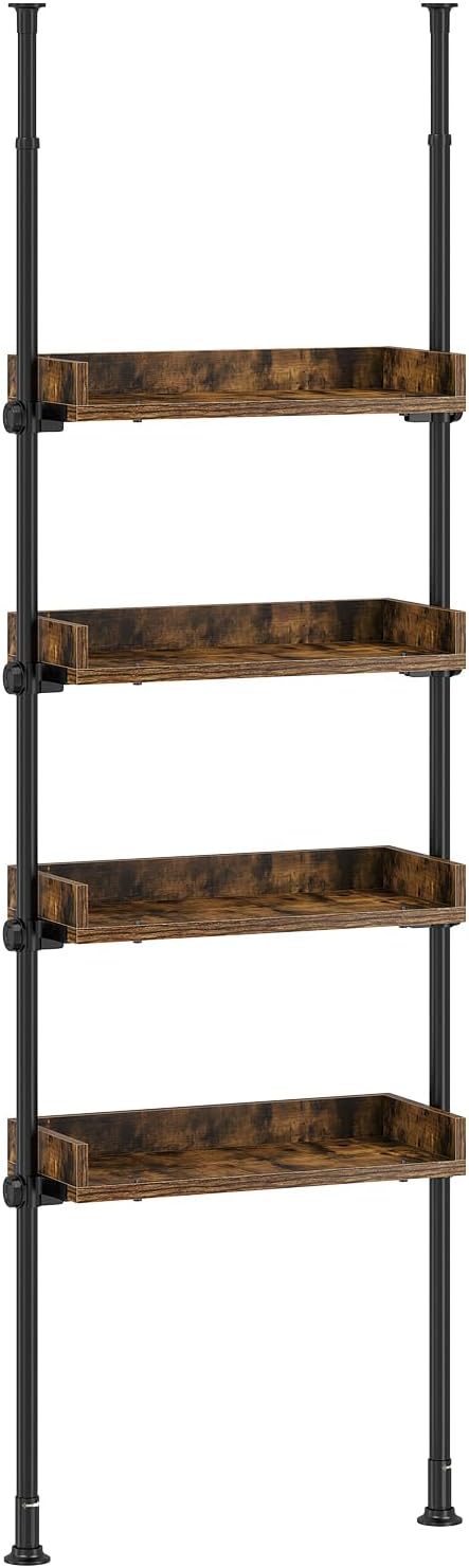 ALLZONE Bathroom Organizer, Over The Toilet Storage, 4-Tier Adjustable Wood Shelves for Small Rooms, Saver Space Rack, 92 to 116 Inch Tall, Narrow Cabinet, Rustic Brown