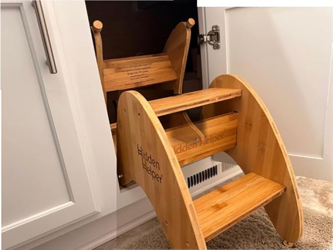 Hidden Helper Montessori Step Stool for Toddlers, Foldable Toddler Two Step Stool for Bathroom Sink & Kitchen Helper, Wooden Folding Stool for Kids Ages 2-5, Bamboo