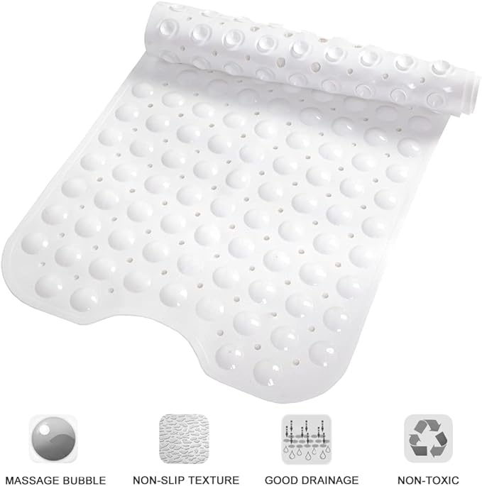 Bathtub and Shower Mats, Extra Long Non-Slip Bath Tub Mat 39 x 16 Inch, Machine Washable Bathmat with Suction Cups & Drain Holes for Bathroom Floor, White