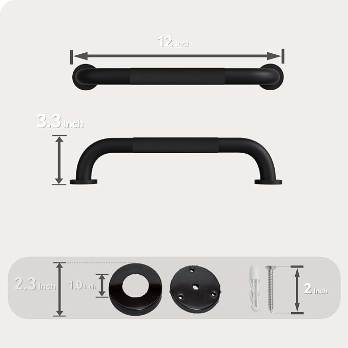 12 Inch Shower Grab Bar, Matte Black Bathroom Grab Bar Handle with Anti-Slip Knurled Grip, Stainless Steel Bath Balance Bar, 1.0" Diameter Bath Safety Bar Support for Seniors Elderly Pregnant