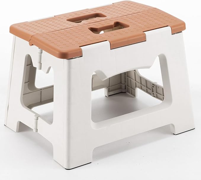 CasaZenith Step Stool Foldable, 9'' Folding Step Stool for Kids & Adults, Hold Up to 300lb, Lightweight Small Collapsible Step Stools with Handle, Stepping Stools Suitable for Kitchen Bathroom (Khaki)