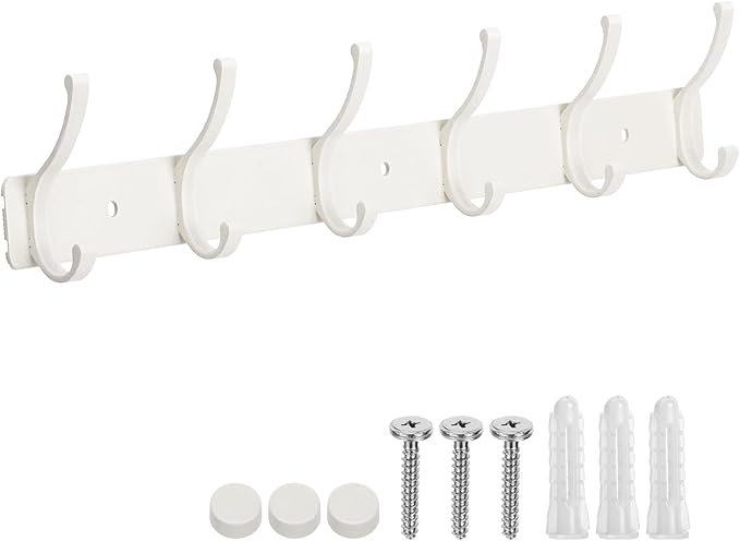 Dntorx Coat Rack Wall Mount, 1 Pack Coat Hooks Hanger Wall Double Hook Rack Rail Towel Hat Rack Entryway Bathroom Hanger Organizer for Robes, Clothes, Bags, Hat(White)