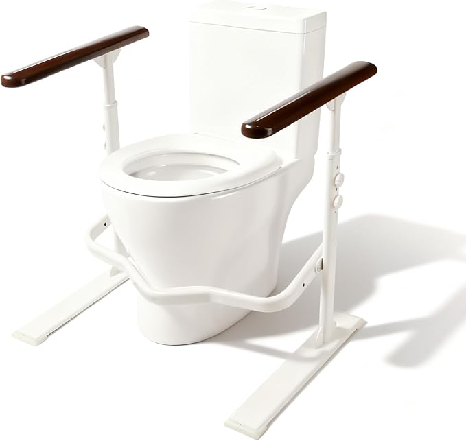 Toilet Safety Rails for Seniors - Toilet Safety Frame with Nighttime Reflective Armrests & Base, 3-Speed Height Adjustment, Toilet Support Frame Fits Most Toilets (Brown)