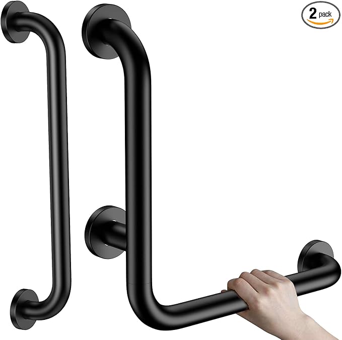 16 Inch Angled Grab Bar, iHansee L-Shaped Shower Grab Bar w/16 Inch Straight Bathroom Balance Bar, Stainless Steel Safety Handle for Seniors Elderly Injury Handicap, Matte Black
