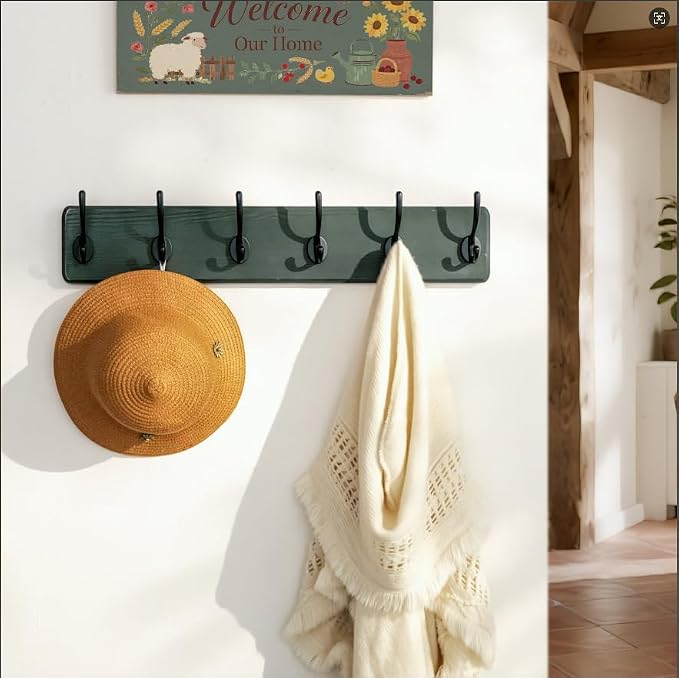 Dseap Coat Rack Wall: 24" Long, Patented, Heavy-Duty, 6-Double-Hooks Wooden Wall Mounted Coat Rack Coat Hanger Hook Rail for Winter Coats Hat Jacket Clothing, Weathered Green
