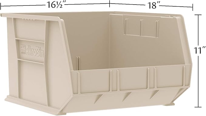 Akro-Mils 30270 AkroBins Plastic Storage Bins, Space-Saving Stackable Bins for Garage, Pantry, Craft Organization, 18" x 16" x 11", Stone, 3-Pack
