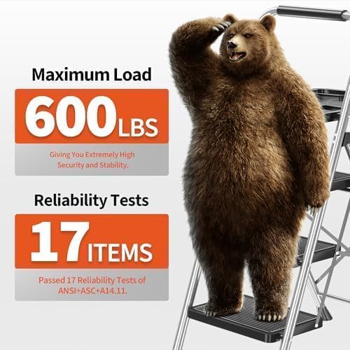 DIAMONDFORGE 3-Step Ladder Folding Step Stool with Tool Platform & Anti-Slip Wide Pedal, Heavy Duty Steel Construction, 600 lbs Capacity for Home & Office, Grey