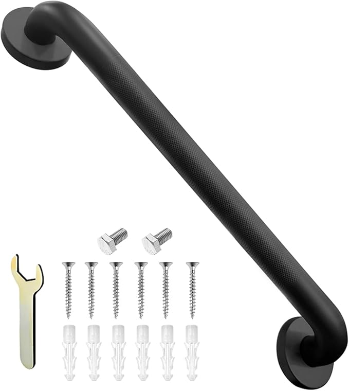 20 Inch Black Shower Grab Bar for Seniors,1.25'' Diameter 304 Stainless Steel Heavy Duty Anti-Slip Bathroom Safety Handicap Grab Bar for Shower, Bathtub & Toilet, Wall Mounted, Supports 500lbs