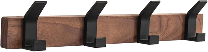 Coat Rack Wall Mount - 15.7 Inches Walnut Wood Coat Hooks Coat Rack Wall Mount with 4 Hooks Black Aluminum Coat Hooks for Hanging Coat Hat Bag Hat Rustproof Coat Hanger