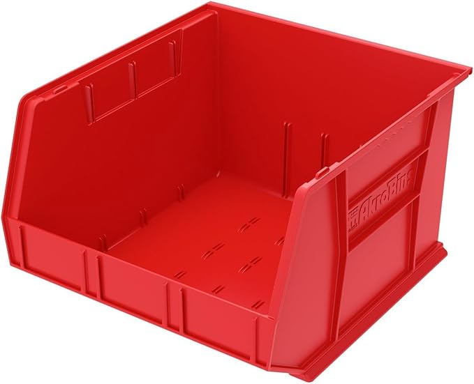 Akro-Mils 30270 AkroBins Plastic Storage Bins, Space-Saving Stackable Bins for Garage, Pantry, Craft Organization, 18" x 16" x 11", Red, 3-Pack