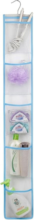 ALYER Narrow Mesh Fabric Shower Caddy Organizer with Hanger,Hanging Mesh Pockets for Shampoo, Conditioner, Soap and Body Wash (Blue)