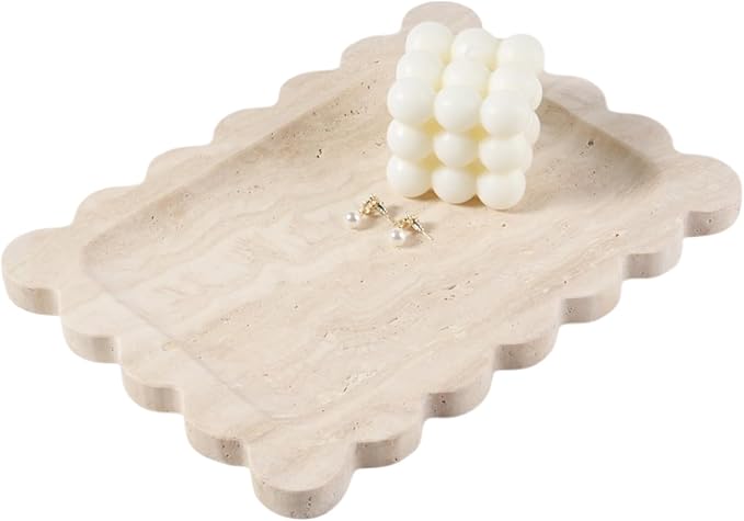 Koville Scalloped Marble Tray, 11"x8" Natural Marble Vanity Tray for Countertop Bathroom Kitchen Dresser, Natural Stone Tray for Jewelry Perfume Home Decor, Decorative Catchall Trays