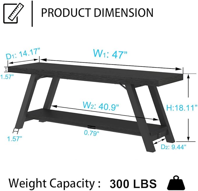 LVB Black Bench, Modern Storage Bench for Bedroom, Wood Metal Entryway Bench for Hallway Dining Living Room, Famrhouse Shoe Rack Indoor Accent Seating Benchs for Foyer Entrance, Black Oak 47 Inch Long