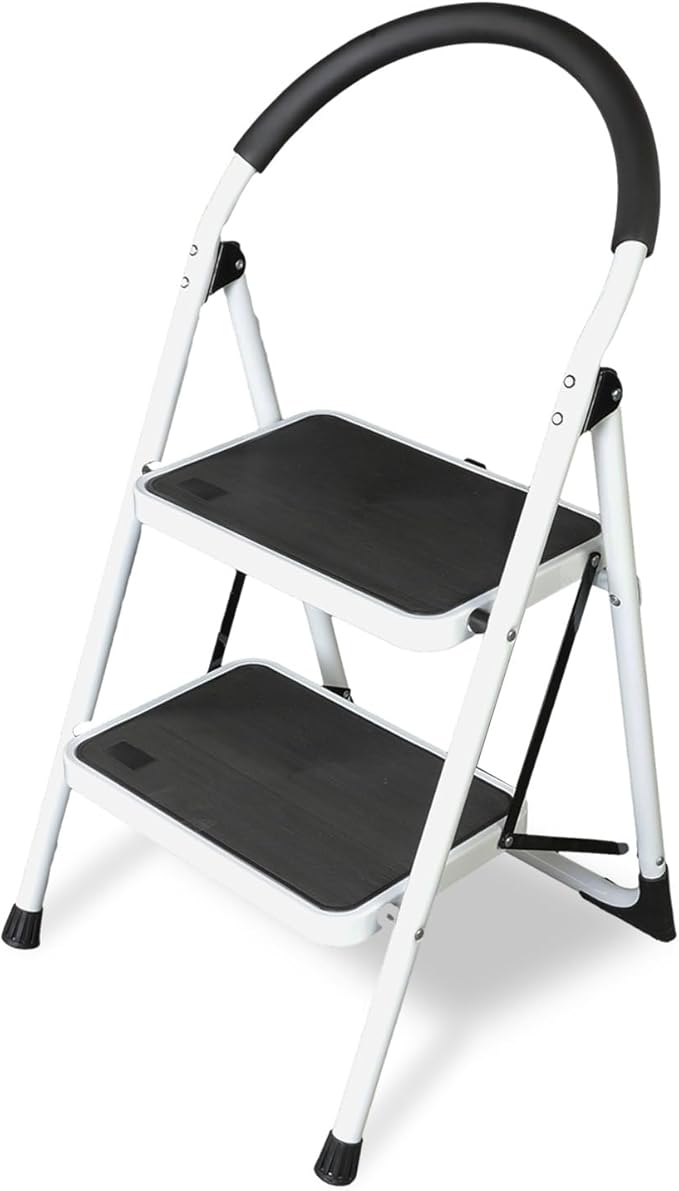 Big RED 2 Step Ladder: Ergonomic Folding Stool with Anti-Slip Pedal, Step Stool with Padded Handle for Kitchen, Household, Offices. 400 lb Capacity