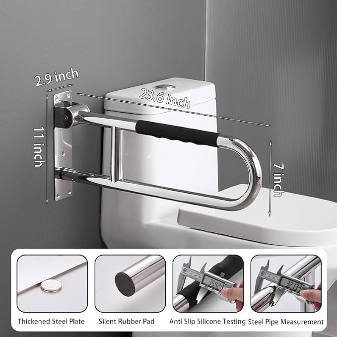Toilet Grab Bar 23.6 Inch, BVTOURA Flip-Up Safety Rail with Soft Silicone Anti-Slip Finger-Grip Handle and Paper Holder, Stainless Steel U-Shaped Support Bar for Elderly Disabled, Polished Chrome