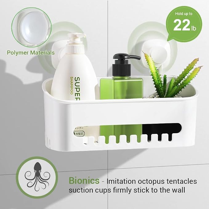 LUXEAR Suction Cup Shower Caddy - No Drilling Removable Shower Caddy - Powerful Suction Shower Organizer Max Hold 22lbs, Waterproof Suction Storage Basket for Bathroom & Kitchen