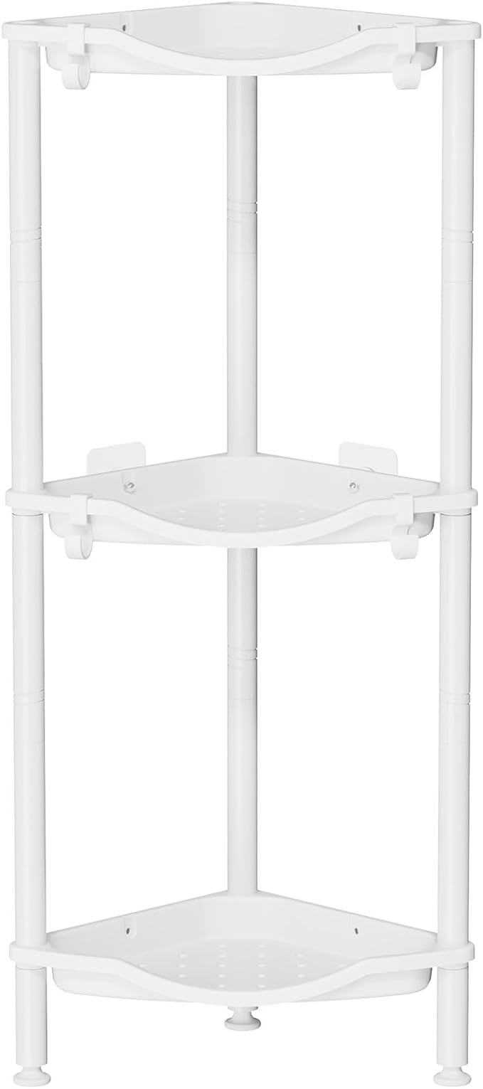 Lifewit Floor Standing Shower Caddy Corner, 3 Tier Plastic Shower Stand Rack with Adjustable Feet and Hooks, Rustproof Bathroom Shelf Organizer, White, 34 x 24 x 75 cm/13 x 9.5 x 29.5 inch