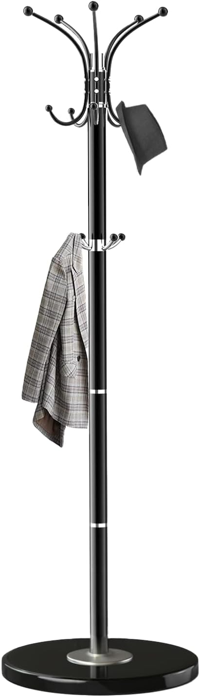 OIRUMIE Coat Rack with Natural Marble Base, Metal Freestanding Coat Racks with 14 Hooks, 360°Rotary Coat Rack Stand for Hanging Scarf, Bag, Jacket, Black Coat Tree Hanger Holder Stand