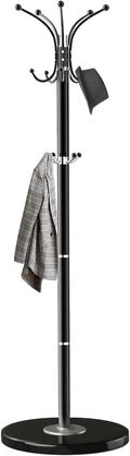 OIRUMIE Coat Rack with Natural Marble Base, Metal Freestanding Coat Racks with 14 Hooks, 360°Rotary Coat Rack Stand for Hanging Scarf, Bag, Jacket, Black Coat Tree Hanger Holder Stand