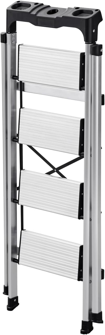 VEVOR 4 Step Ladder, Folding Step Stool with Wide Anti-Slip Pedal and Comfort Handgrip, 330 lbs Capacity Portable Aluminum Stepladder, Multi-Use for Kitchen, Home, Warehouse and Office, Silver