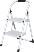 2 Step Ladder for Kitchen Step Stool, Lightweight Folding Step Stool with Curved Safety Handrail, Auto-Lock Mechanism & Non-Slip Wide Pedals, Slim 2 Step Ladder Foldable for Home Indoor（White）