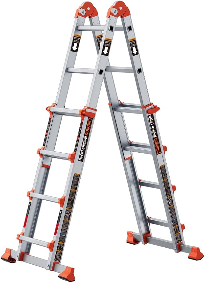 LANBITOU Ladder, A Frame 4 Step Ladder Extension, 14 FT Anti-Slip Multi Position & Storage Folding Ladder, 330 lbs Security Load Telescoping Aluminum Ladders for Stairs Home Indoor Outdoor Roof