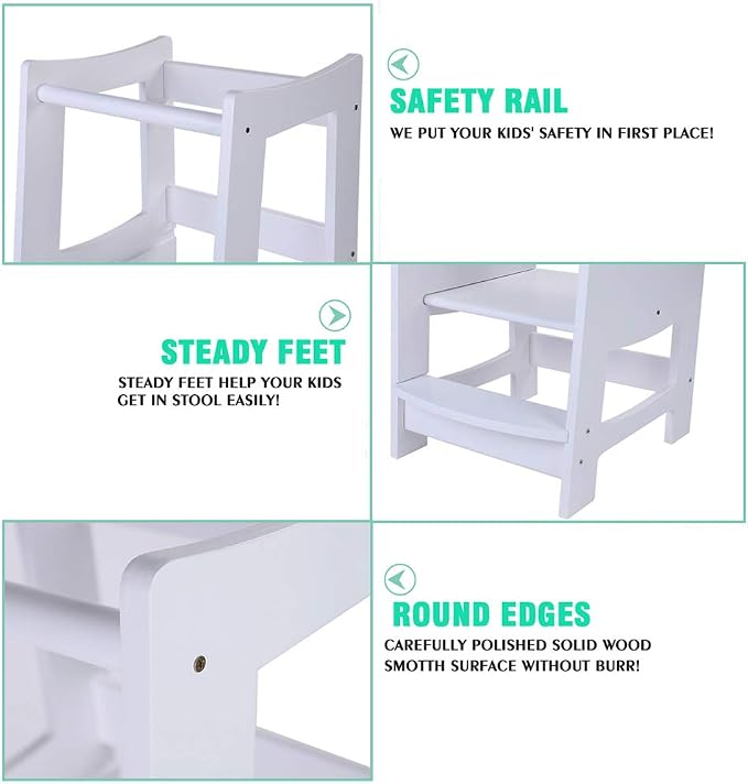 EGREE Toddlers Kitchen Step Stool with Safety Rail Kids Wooden Standing Tower for Kitchen Counter and Bathroom Sink, 3 Heights Adjustable Step Up Stool Mothers' Helper, Solid Wood Construction, White