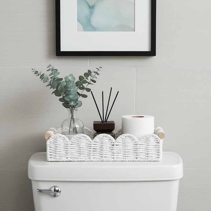 CubesLand Toilet Paper Storage Basket Organizer, Small Wicker Toilet Tank Top Decorative Baskets for Countertop, Handwoven Scalloped Basket w/handle for Home Decor, Living Room, Bedroom, White