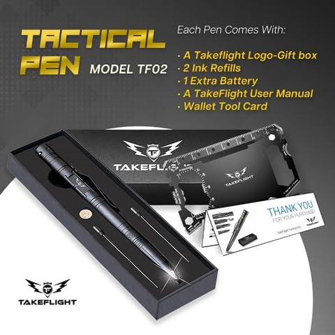 Tactical Pen – Self Defense Survival EDC Pen with LED Flashlight, Glass Breaker & Bottle Opener – Military Multitool Pen for Men & Women – Veteran-Owned TakeFlight – 2 Ink Refills + Extra Battery