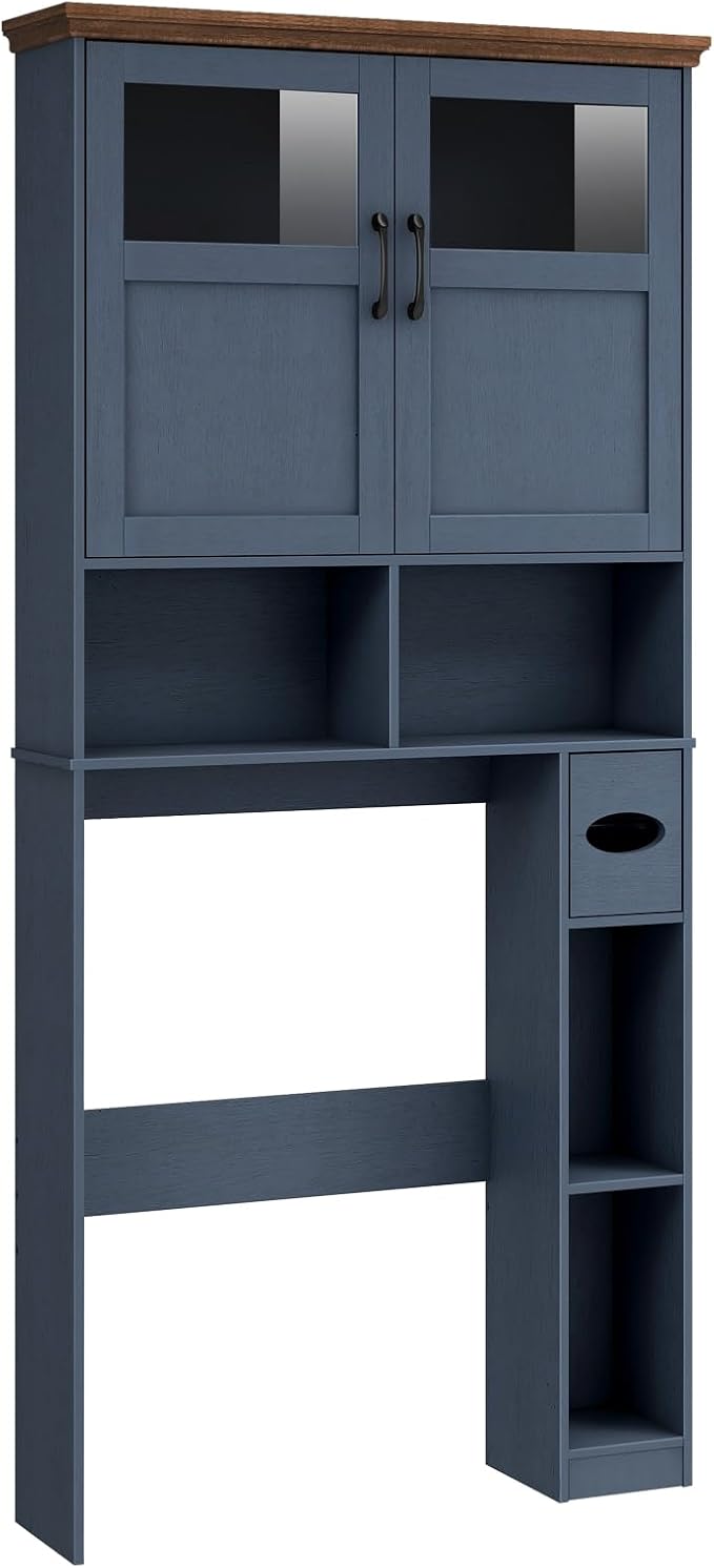 Vabches Over The Toilet Storage Cabinet, Storage Cabinet Over Toilet with Double Doors & Toilet Paper Holder Stand, Freestanding Toilet Shelf Space Saver with Anti-Tip Design & Adjustable Shelf, Blue