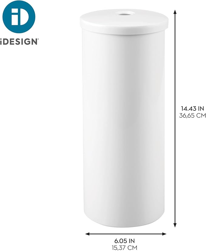 iDesign Freestanding Toilet Paper Canister with Lid for 3 Extra Rolls, White, Made in USA