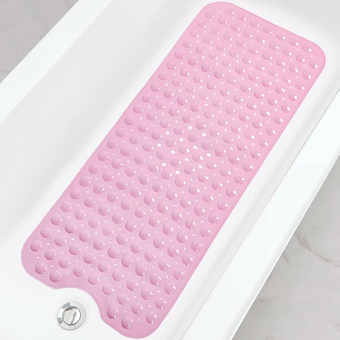 Bathtub and Shower Mats, Extra Long Non-Slip Bath Tub Mat 39 x 16 Inch, Machine Washable Bathmat with Suction Cups & Drain Holes for Bathroom Floor, Pink
