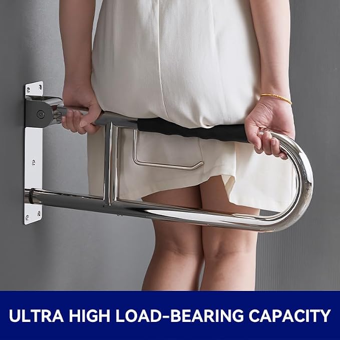 Toilet Grab Bar 23.6 Inch, BVTOURA Flip-Up Safety Rail with Soft Silicone Anti-Slip Finger-Grip Handle and Paper Holder, Stainless Steel U-Shaped Support Bar for Elderly Disabled, Brushed Nickel