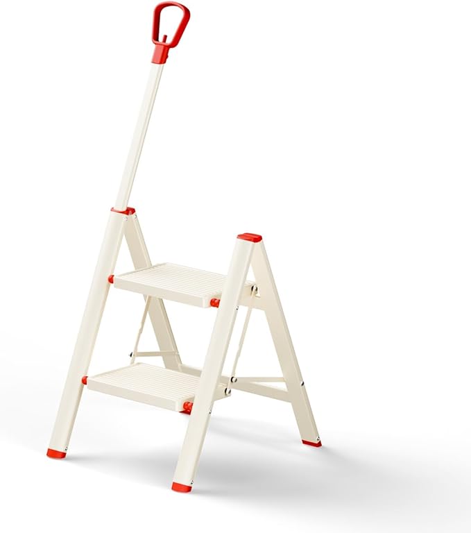 ASPERALD 2 Step Ladder with Single-Handrail,Foldable Step Stool with Anti-Slip Wide Pedals for Home Kitchen Closet,Lightweight Step Folding White