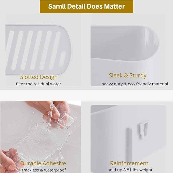 SUNFICON Adhesive Shower Caddy Wall Mounted Bathroom Shelf Organizer Storage Rack No Drilling Shower Shelf Bath Essentials Shampoo Spice Holder 2 Clear Adhesives for Shower Room Bathroom Kitchen White