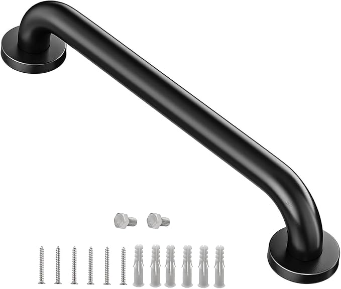 One Pack 12 Inch Matte Black Shower Grab Bar Stainless Steel Safety Hand Rail Support for Showers Bathroom Balance Bar Safety Hand Rail Handicap Bath Handle Senior Assist Bar Home Care Bath Handrail