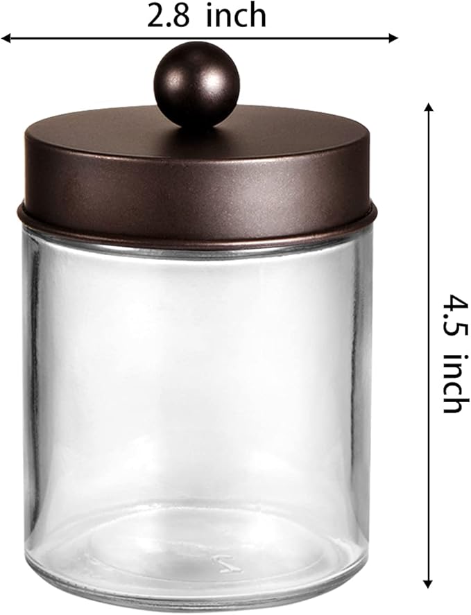 Amolliar 4 Pc Glass Apothecary Jars - Countertop Qtip Dispenser Holder with Stainless Steel Lids&Cute Stickers -Bathroom Vanity Storage Organizer Set for Qtips,Cotton Swabs/Rounds (Bronze)