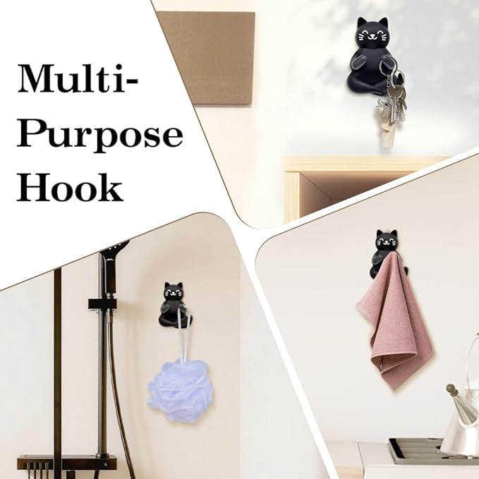 Cute Black Cat Silicone Razor Holder for Shower Adhesive Sticky Heavy Duty Waterproof Wall Hooks, Black Cat Razor Hooks for Bathroom Inside Shower Wall Hanging Loofah Towel