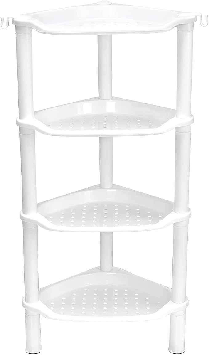 4 Tier Corner Shower Caddy, Rustproof, Plastic Shower Organizer for Bathroom, Bathtub, Shower pan, Bath Accessories Shower Caddies, 13.5 x 10 x 33.5 Inches, White (Round Slot White 4 Tier)