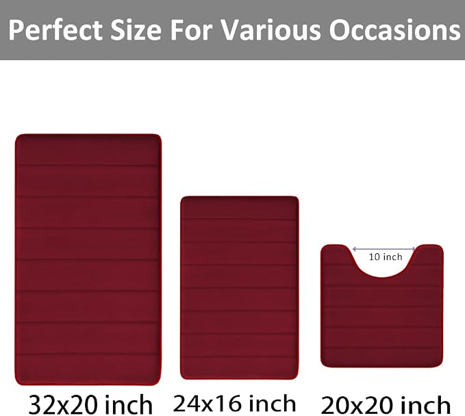 RUN HELIX Burgundy Bathroom Rugs Sets 3 Piece Memory Foam Non Slip Bath Mats for Bathroom Floor and U-Shaped Contour Toilet Rug, Soft Washable Bathroom Mats and Rugs Sets for Toilet Shower Sink